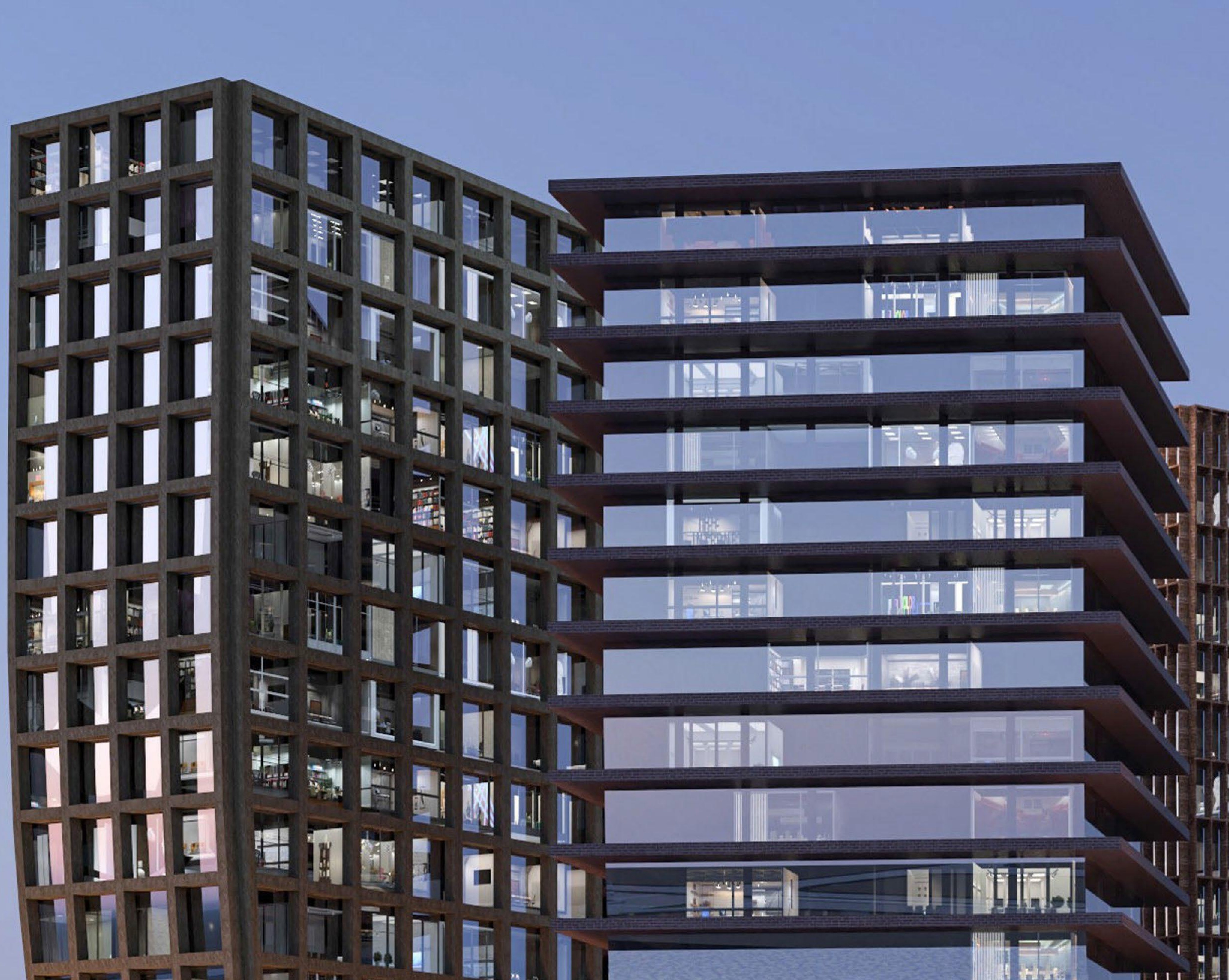 Bureau Lamar twilight render — twin towers with gridded concrete facades against dusk sky