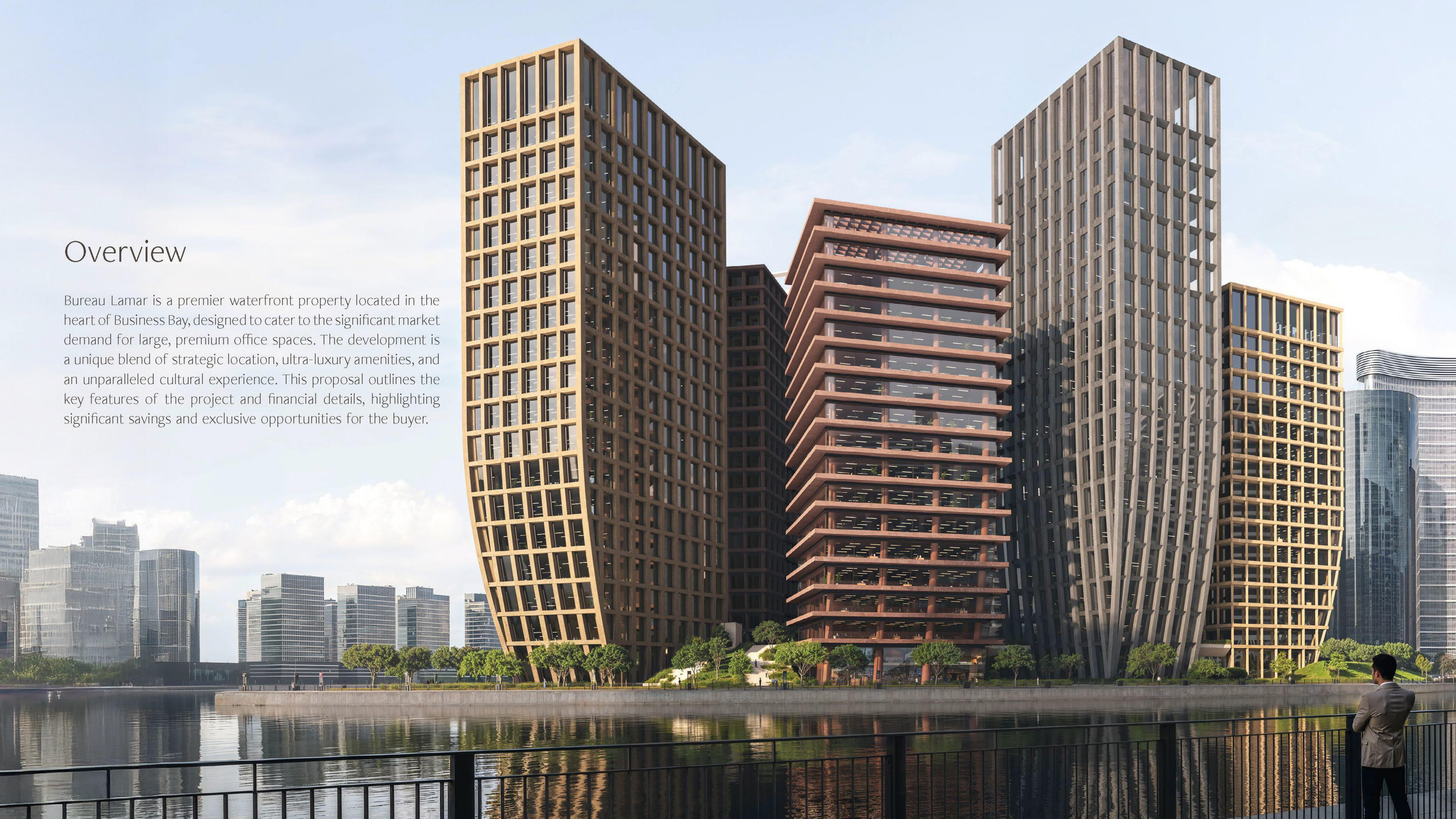 Bureau Lamar waterfront panoramic view — daytime render of the development along Business Bay canal